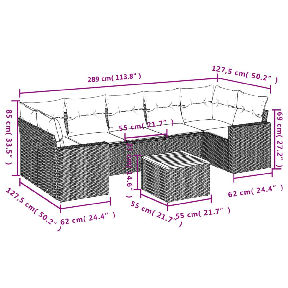 Ein Diagramm eines schwarzen Outdoor-Möbelsets aus Korbgeflecht mit Abmessungen in cm und Zoll.