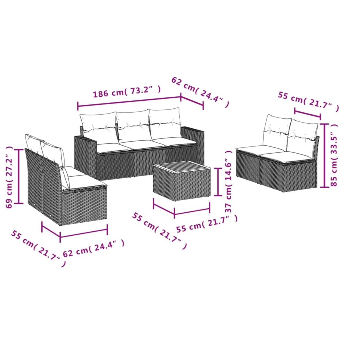 Rattansofa-Set mit Maßen, einschließlich Sofa, Zweisitzer und Tisch.