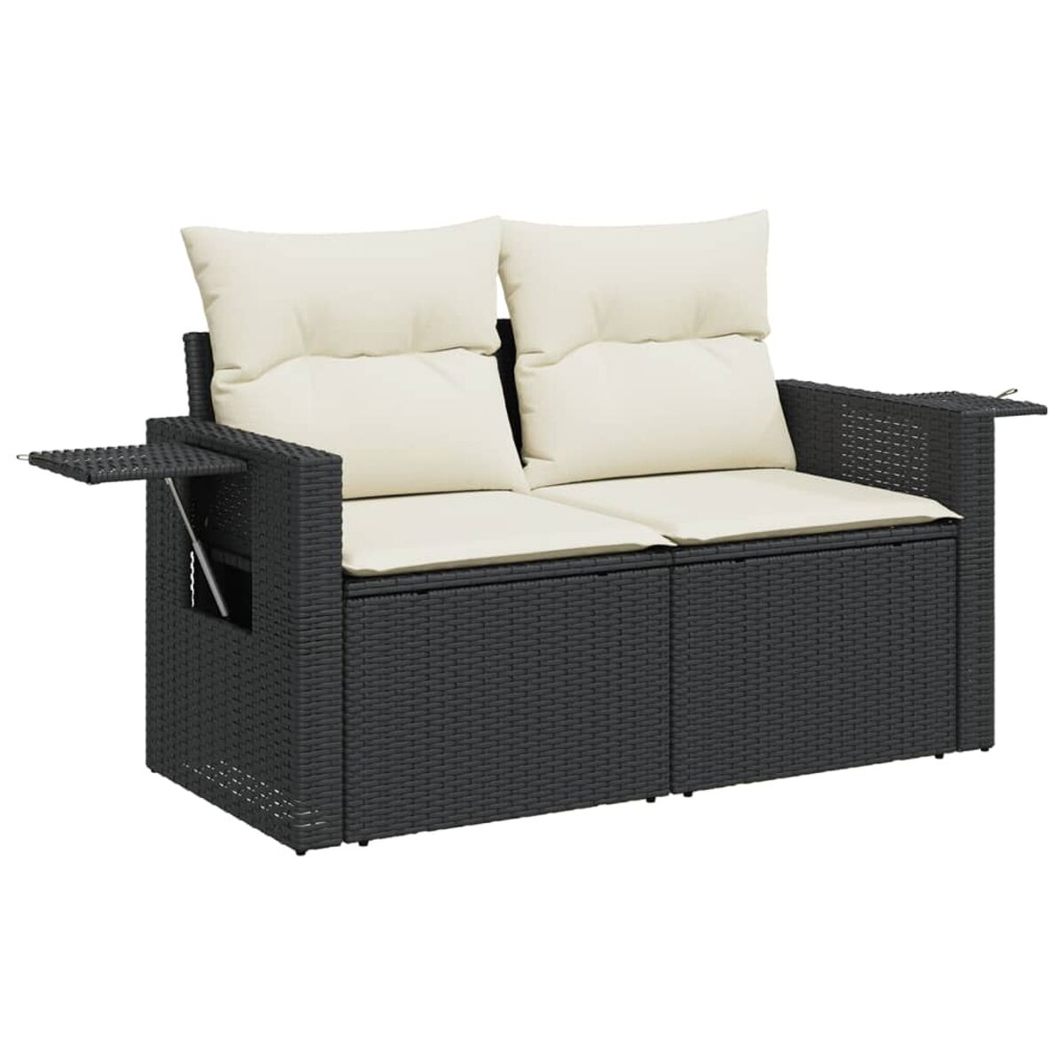 Eine schwarze Outdoor-Liebesbank mit zwei Kissen und zwei Beistelltischen wird auf einer Terrasse gezeigt.