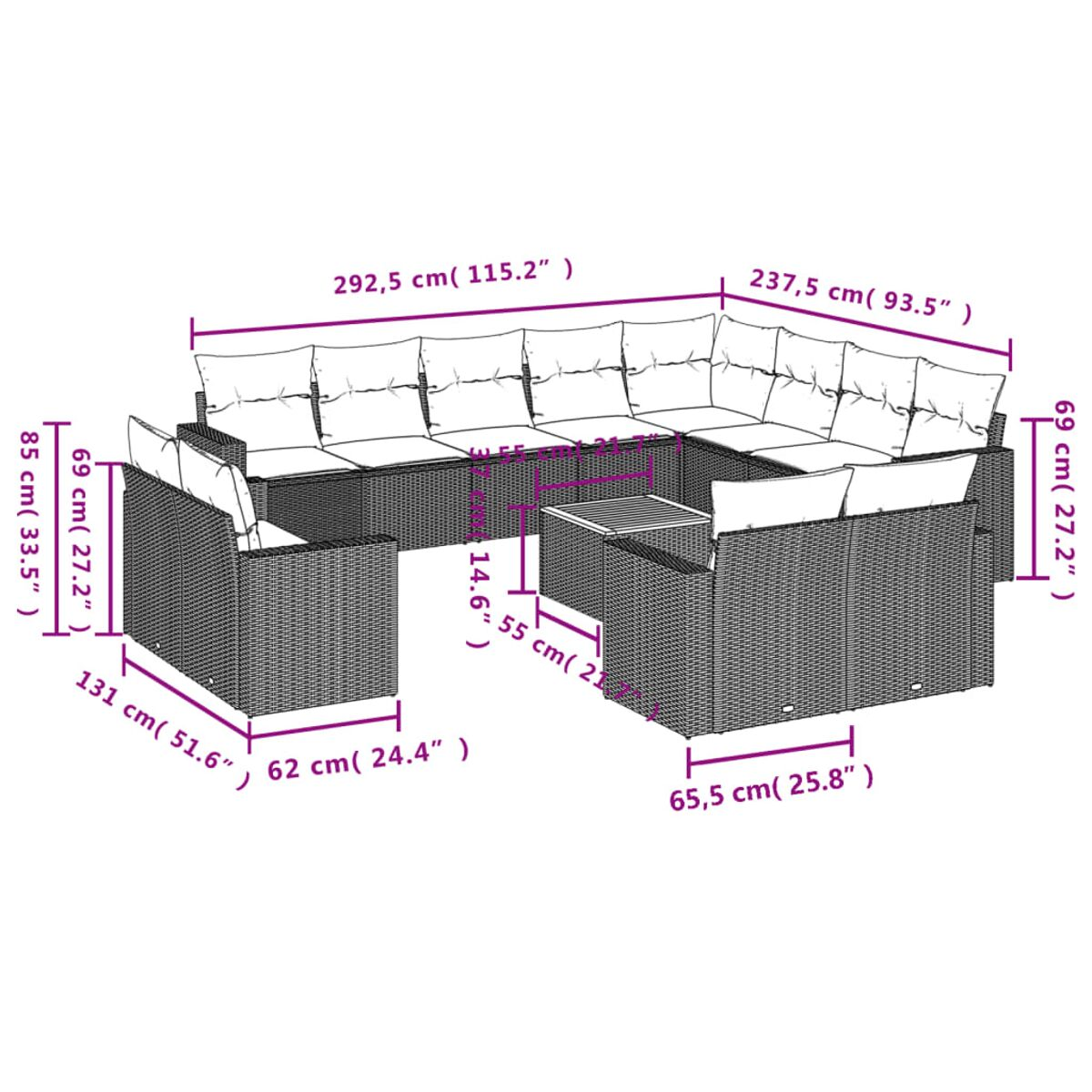 Diagramm eines Korbsessel-Ecksofas, Sessels und Couchtischs mit Abmessungen. Zeigt Länge, Höhe und Breite.