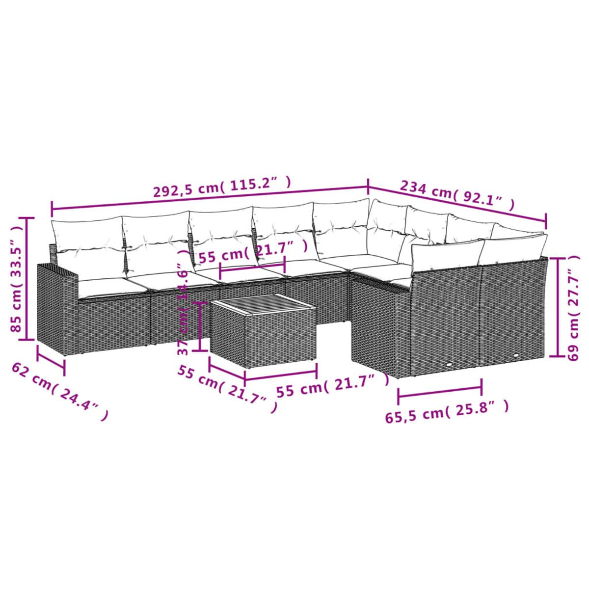 Diagramm eines großen Ecksofa-Sets mit Maßen in cm und Zoll. Couchtisch inklusive.
