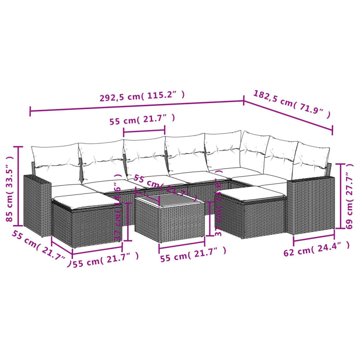 Geflochtenes Ecksofa mit Maßen. Beinhaltet Kissen und einen Couchtisch.