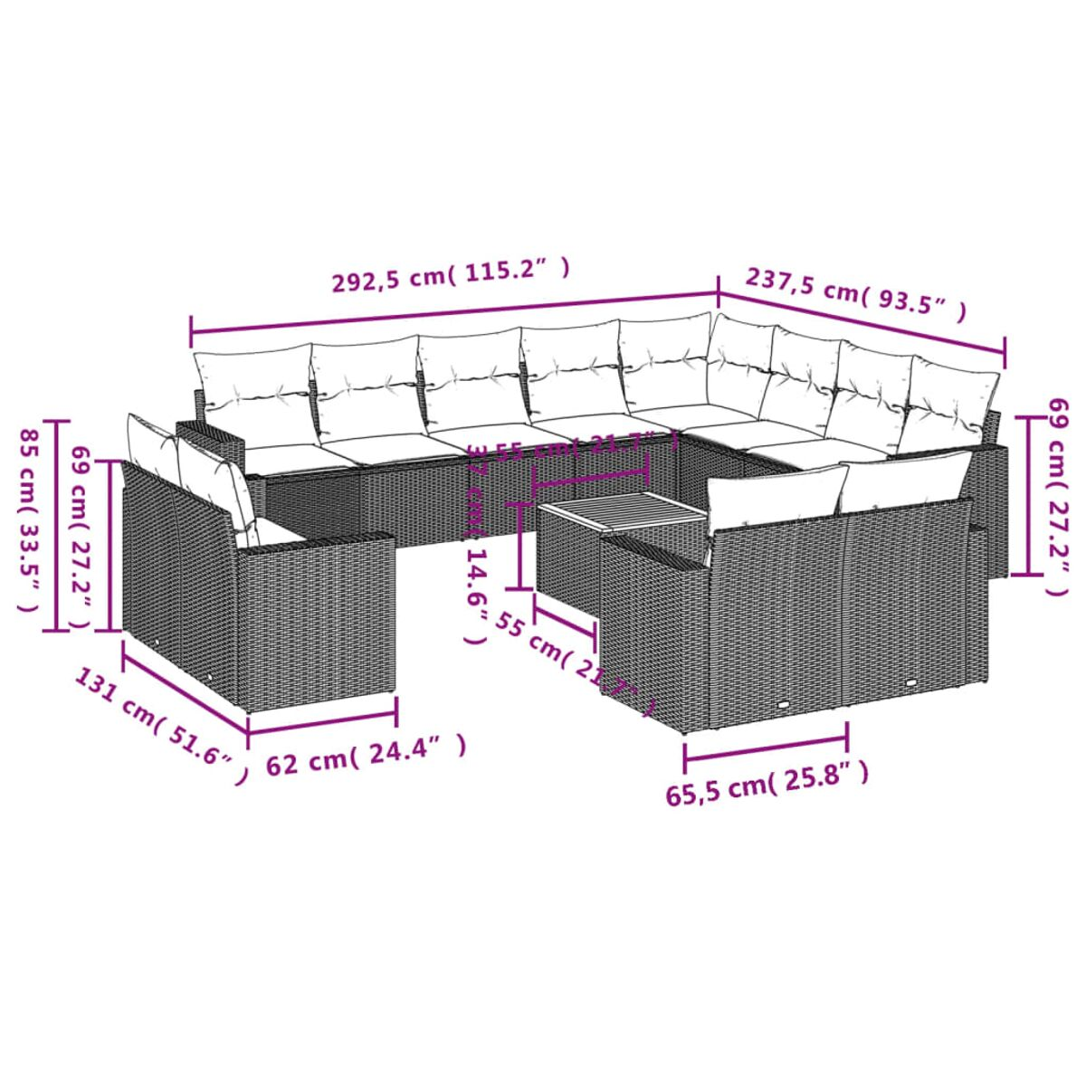 Diagramm eines Outdoor-Ecksofas mit Abmessungen in Zentimetern und Zoll.