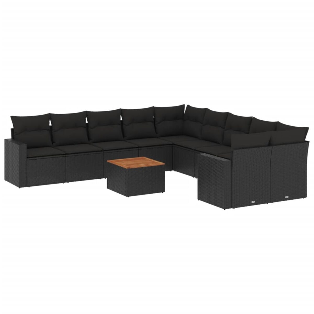Ein schwarzes, gewebtes Outdoor-Ecksofa mit schwarzen Kissen und einem Holztisch.