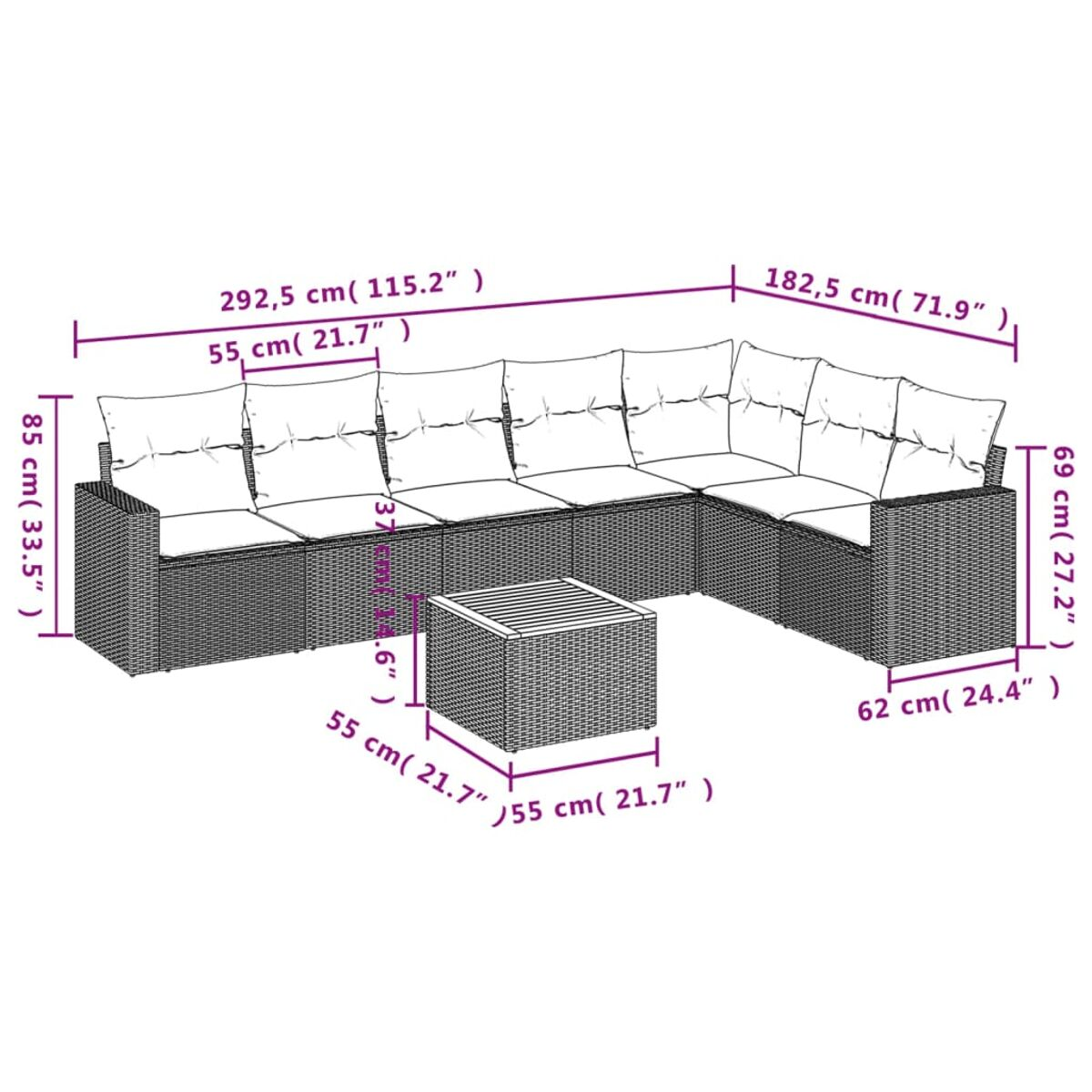 Diagramm eines Ecksofas mit Abmessungen in Zentimetern und Zoll.