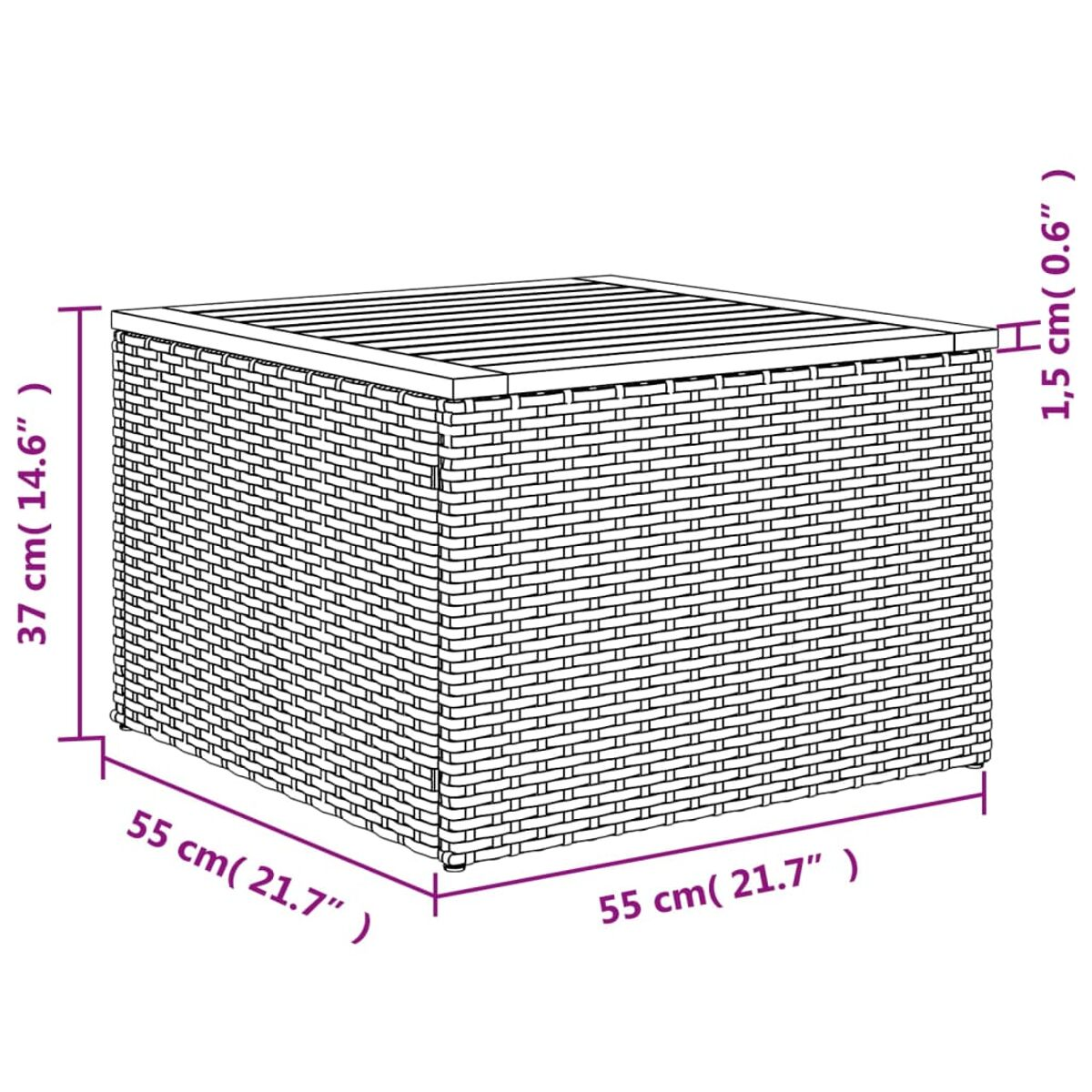 Quadratischer Outdoor-Couchtisch aus Korbgeflecht. Abmessungen sind angegeben. Weißer Hintergrund.