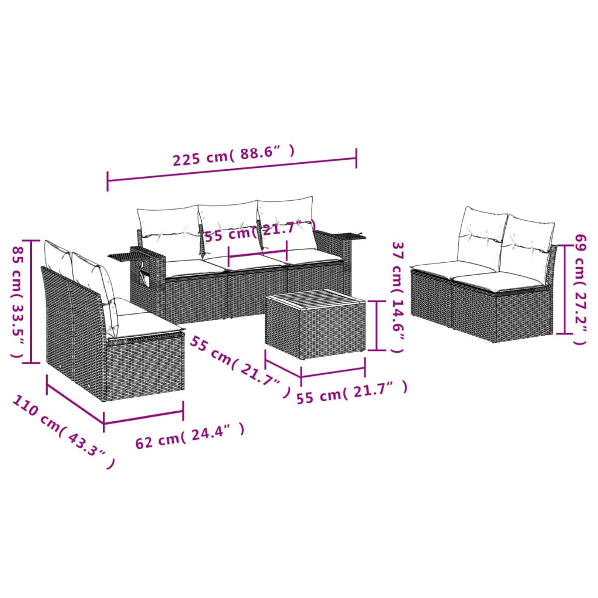 Diagramm eines Korbsitzgruppen-Sets mit Abmessungen und einem Tisch.