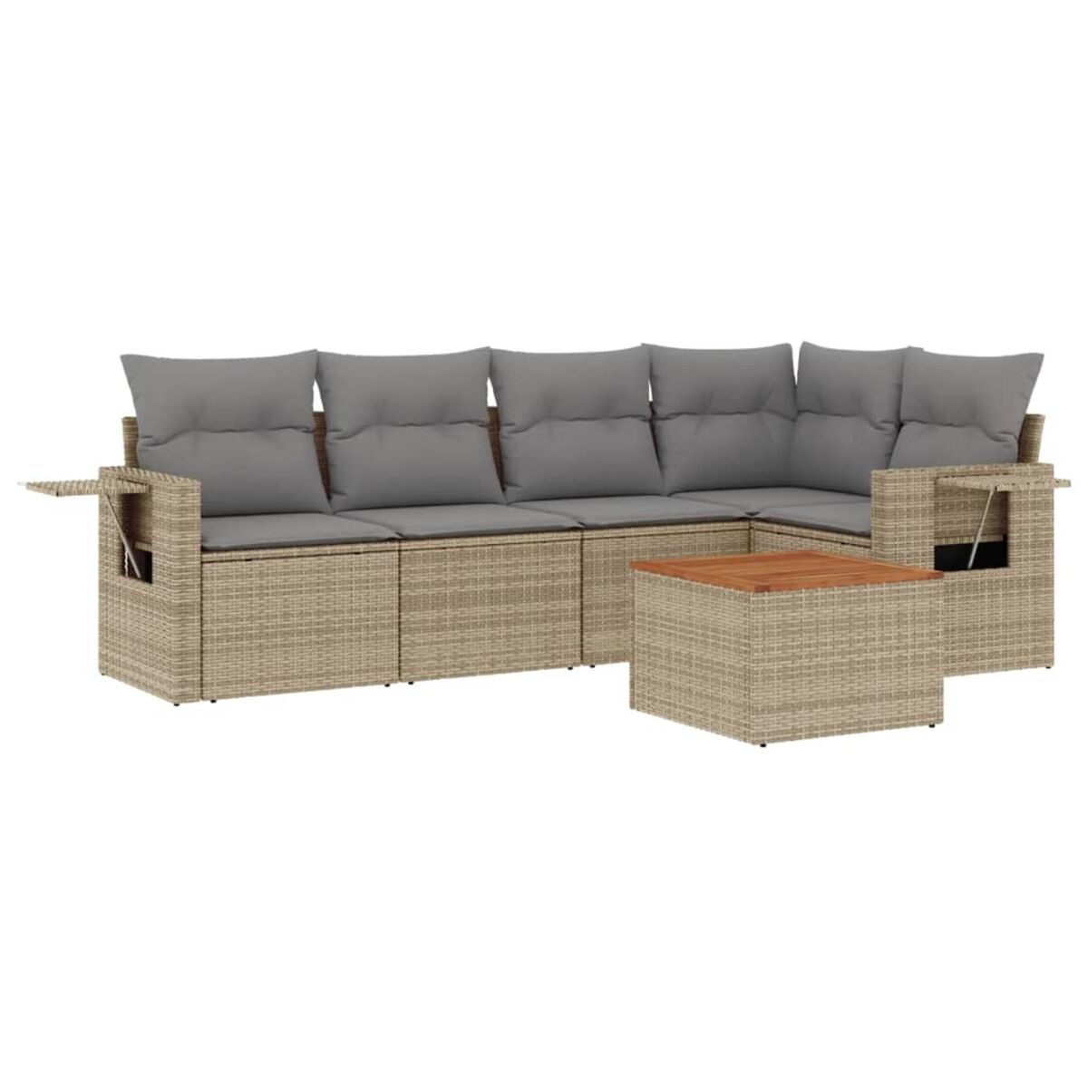 Beiges Rattan-Ecksofa und Tisch-Set mit grauen Kissen und Holz. Weißer Hintergrund.