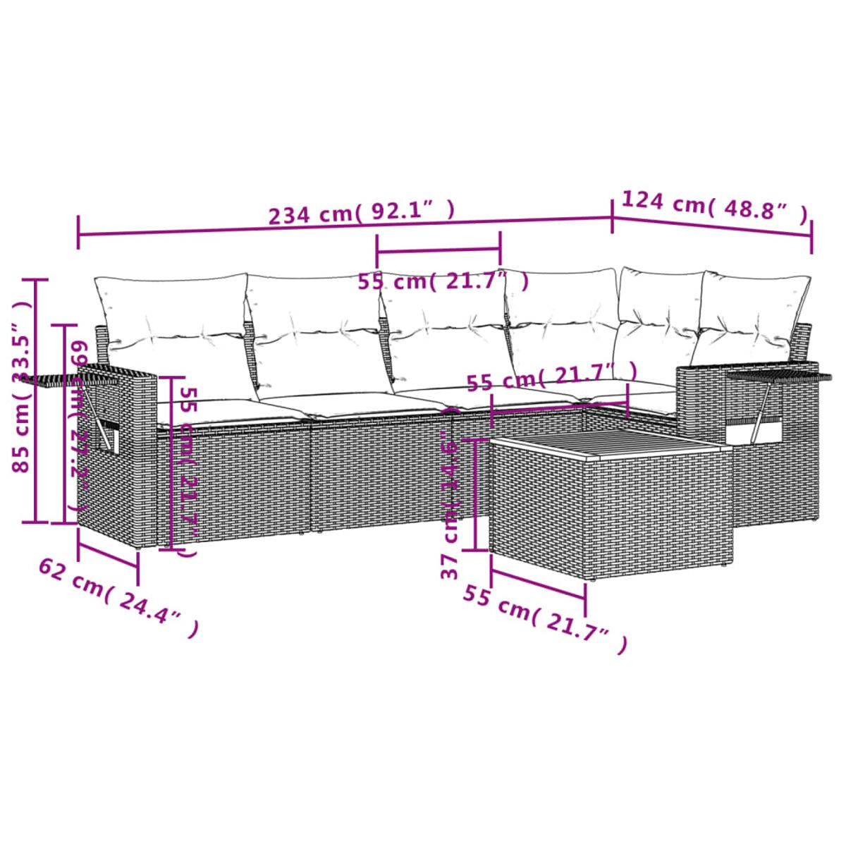 Diagramm eines Eck-Gartenmöbelsets mit Zentimeter-Maßen, das ein Sofa und einen Tisch zeigt.