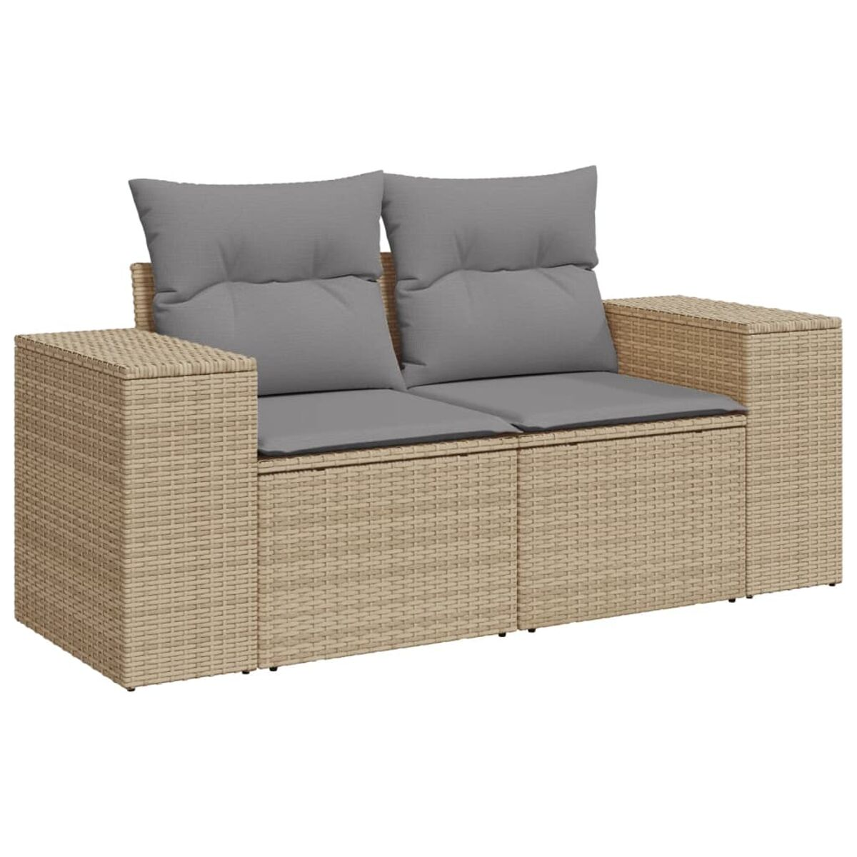 Zweisitzer-Rattansofa mit grauen Kissen, eine komfortable Sitzgelegenheit im Freien.