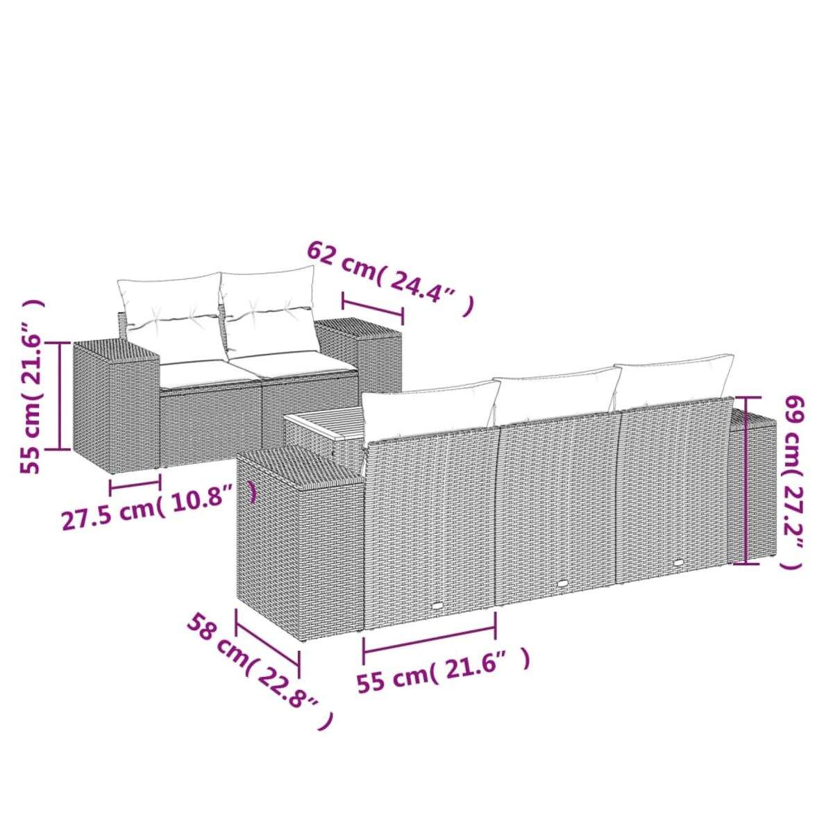 Outdoor-Sitzgruppe: Sofa und Tisch mit Abmessungen. Maße umfassen 69 cm hohe Rückenlehne und 55 cm Sitztiefe.