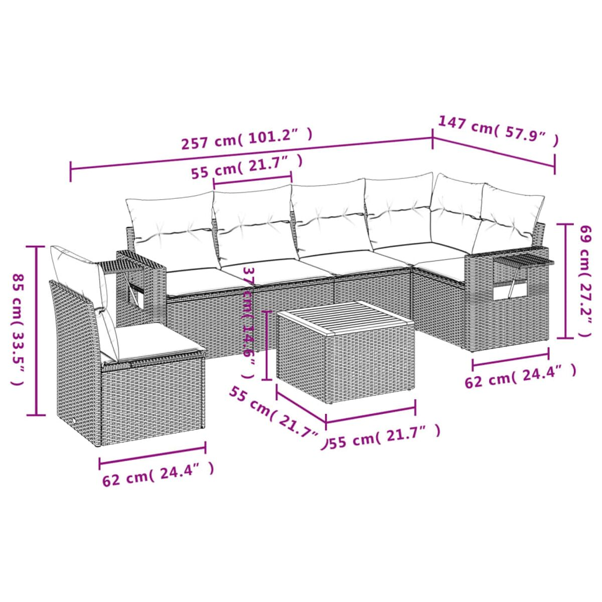 Ein Outdoor-Sofa aus Korbgeflecht mit beschrifteten Abmessungen. Das Set umfasst einen Stuhl und einen Tisch.