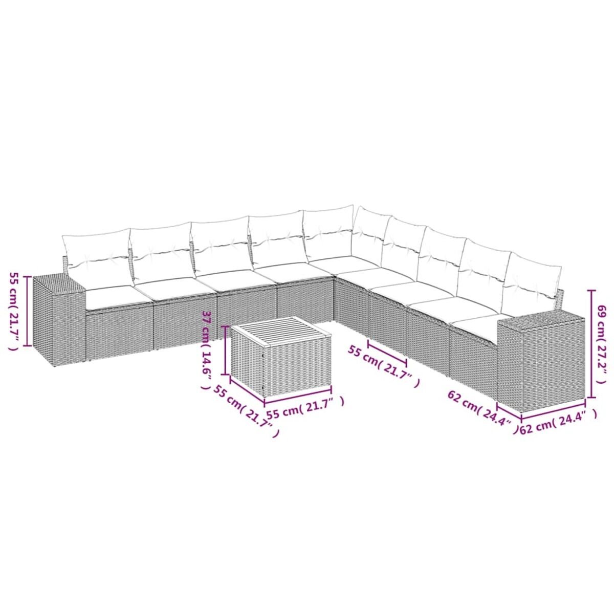 Diagramm eines Korbsessel-Sofas und Couchtischs mit Abmessungen in Zentimetern.