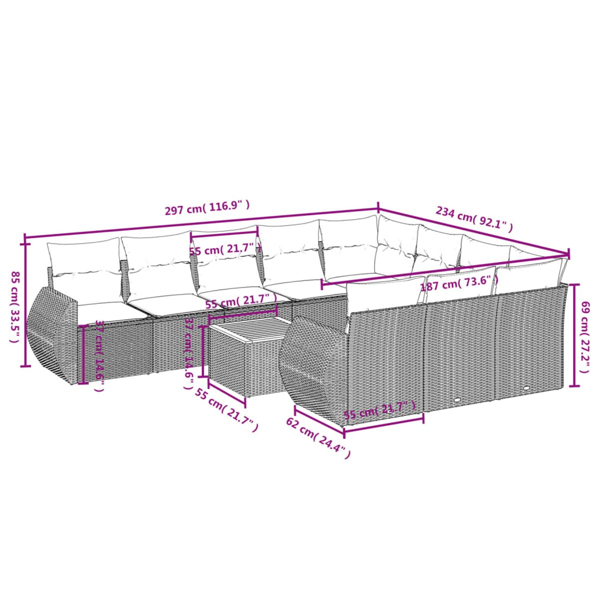 Diagramm eines U-förmigen Korbmöbels mit einem kleinen Tisch. Die Abmessungen sind in Zentimetern und Zoll angegeben.