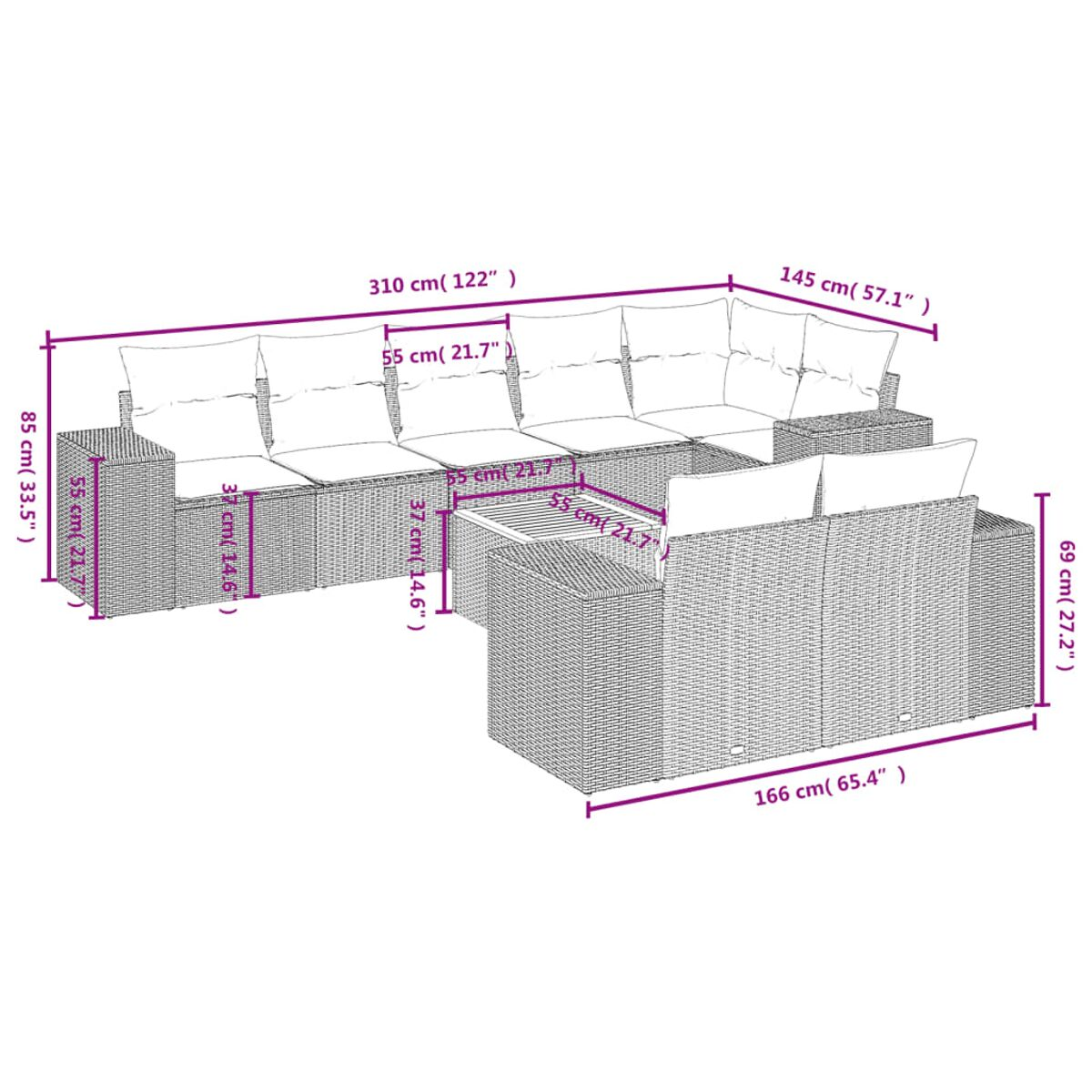 Geflochtenes Outdoor-Sofaset mit Kissen, Abmessungen sind mit weißen Pfeilen markiert.