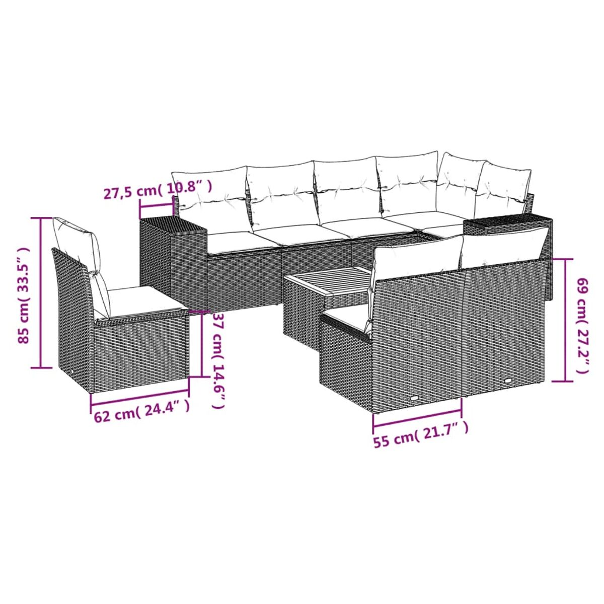 Diagramm eines Outdoor-Sofasets mit Abmessungen in Zentimetern. Set enthält Sofa, Tisch und zwei Sessel.