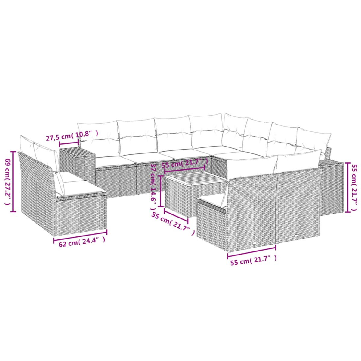 Diagramm eines Gartenmöbelsets mit Maßen. Das Set umfasst ein Sofa, Stühle und einen Tisch, alles aus Korb.