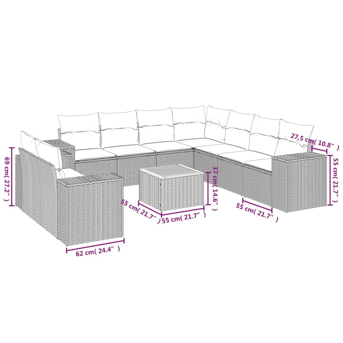 Diagramm eines Ecksofas aus Korbgeflecht mit Abmessungen in Zentimetern.