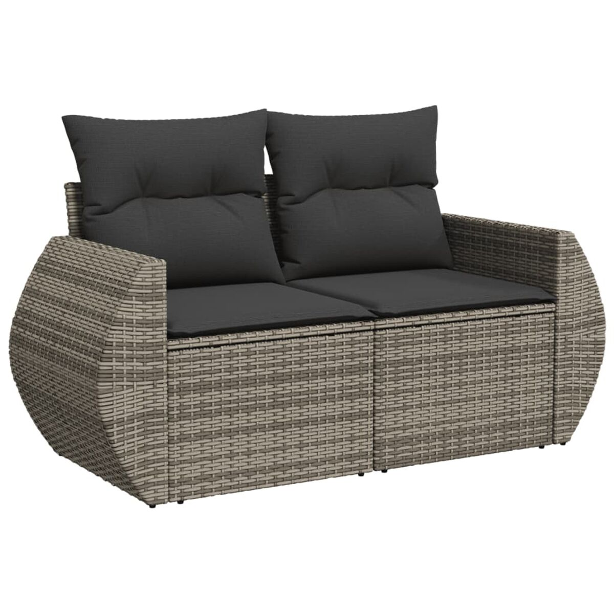 Graue Rattan-Liebesbank mit grauen Kissen, geschwungenen Armlehnen und rundem Design.