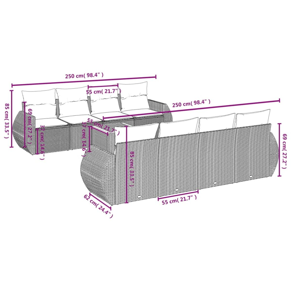 Geflochtenes Outdoor-Sofaset mit Kissen, Abmessungen sind mit weißen Pfeilen markiert.