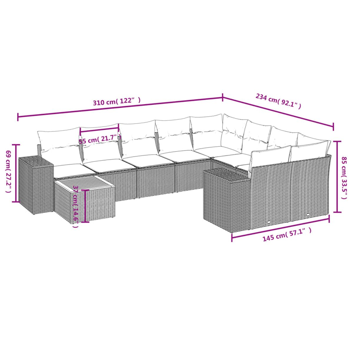 Geflochtenes Ecksofa-Set mit Couchtisch und Maßen, Layout zeigend.