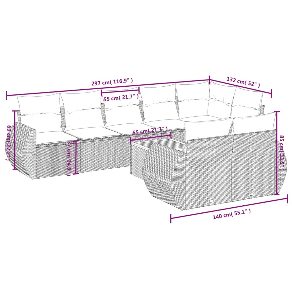 Diagramm eines Outdoor-Ecksofas mit Abmessungen in Zentimetern. Maße für alle Seiten und Teile gezeigt.