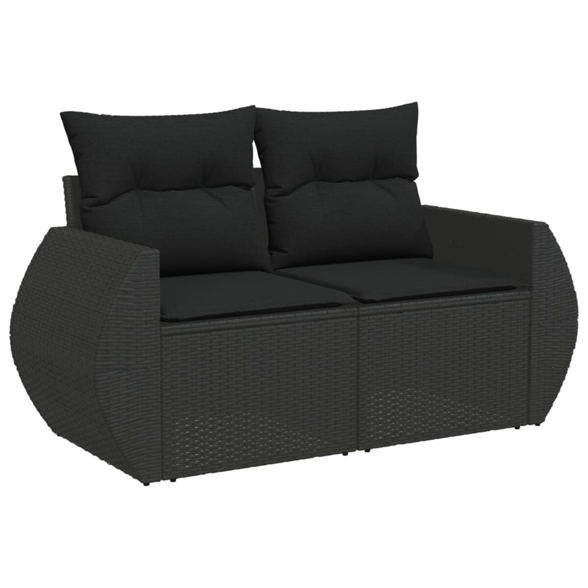 Dunkelgraues Outdoor-Sofa aus Korbgeflecht mit zwei Kissen und zwei schwarzen Kissen.