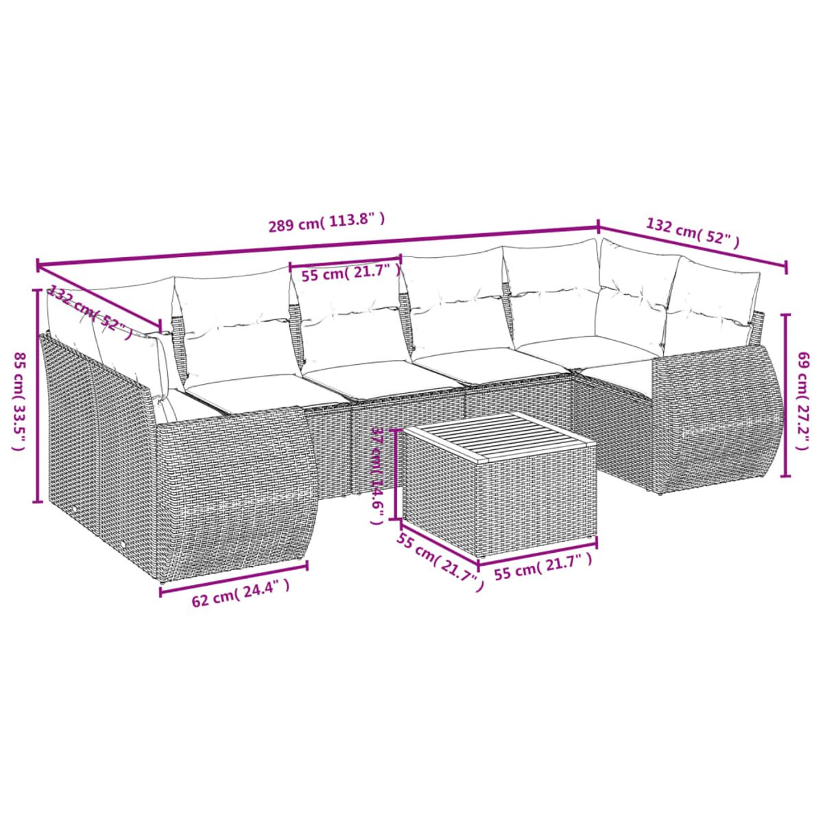 Geflochtenes Gartenmöbelset. Ein Sofa mit Abmessungen. Und ein kleiner Tisch mit Abmessungen. Weißer Hintergrund.