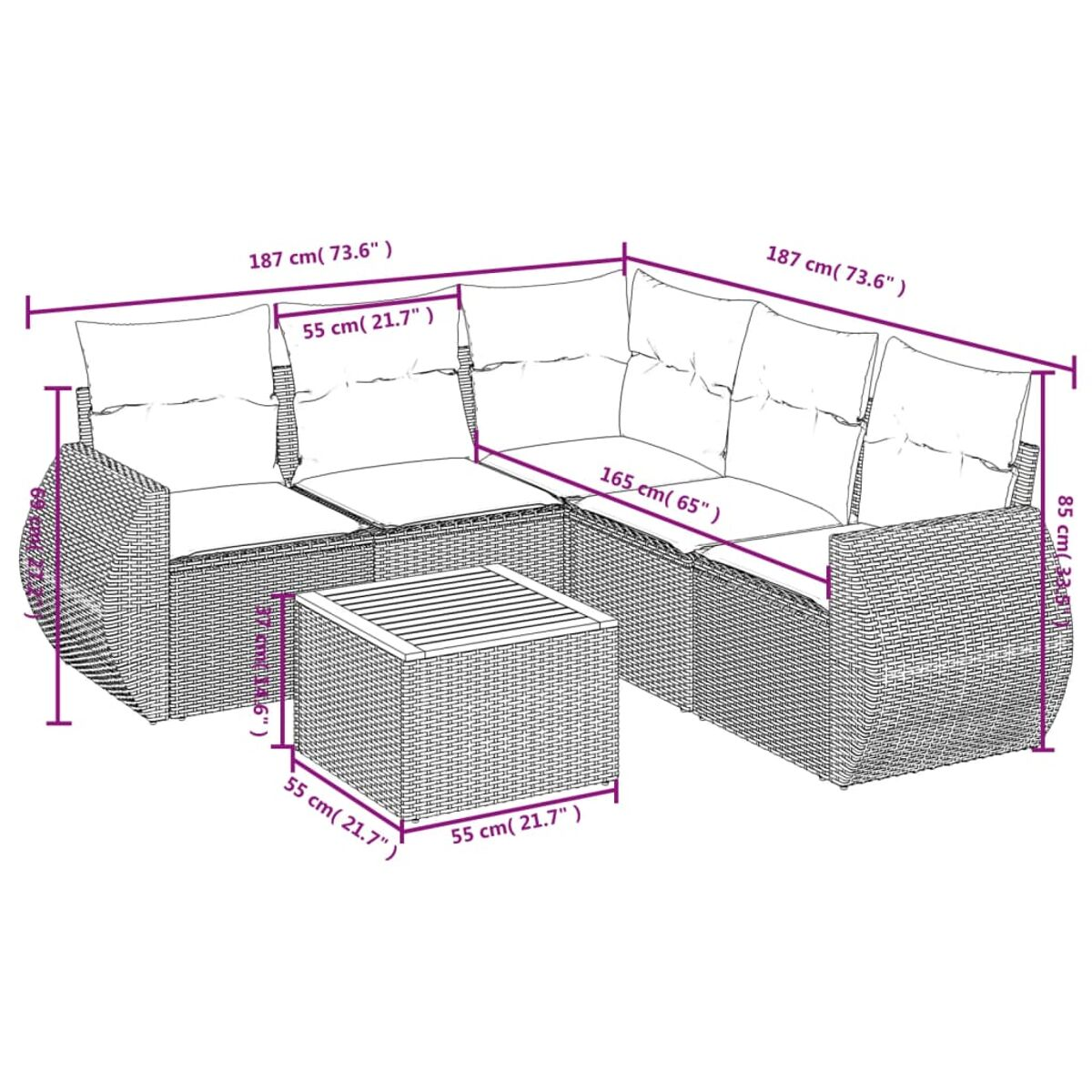 Diagramm eines grauen Ecksofas und Couchtischs aus Rattan mit Maßangaben in Zentimetern und Zoll.