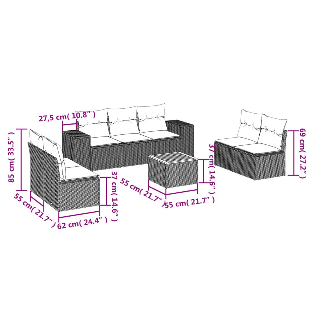 Outdoor-Ecksofa mit Abmessungen. Kissen und Abmessungen sind weiß.
