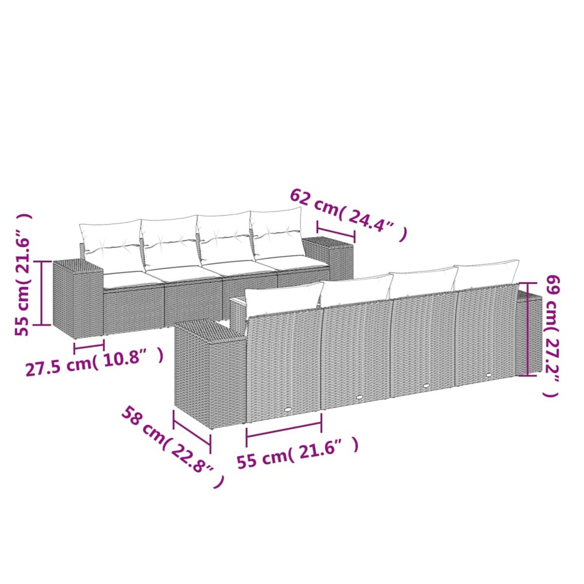 Detaillierte Diagramm eines Korbssofas mit Abmessungen in cm.