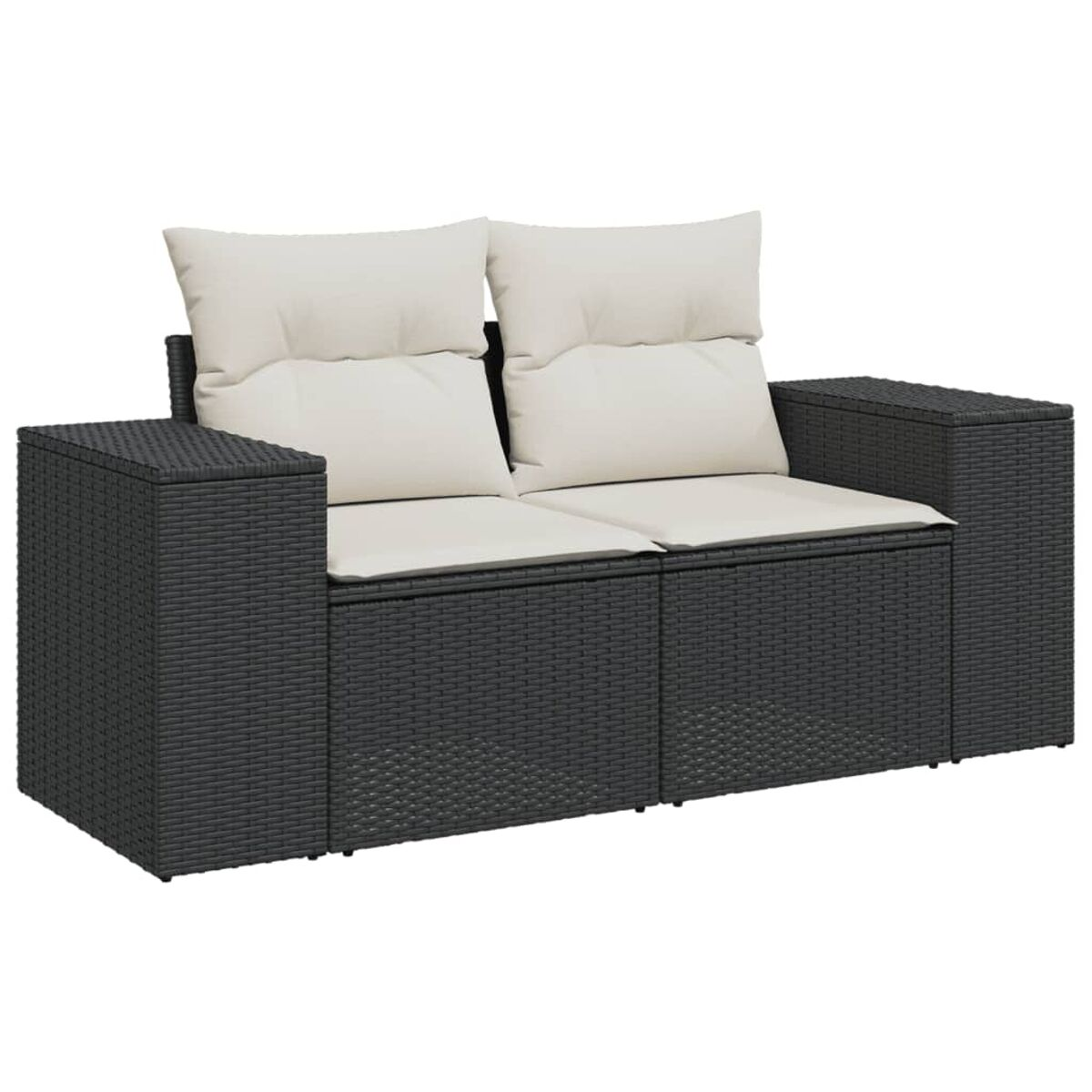 Zweisitziges Korbmöbelsofa mit cremefarbenen Kissen. Dunkelgraue Farbe. Weißer Hintergrund.