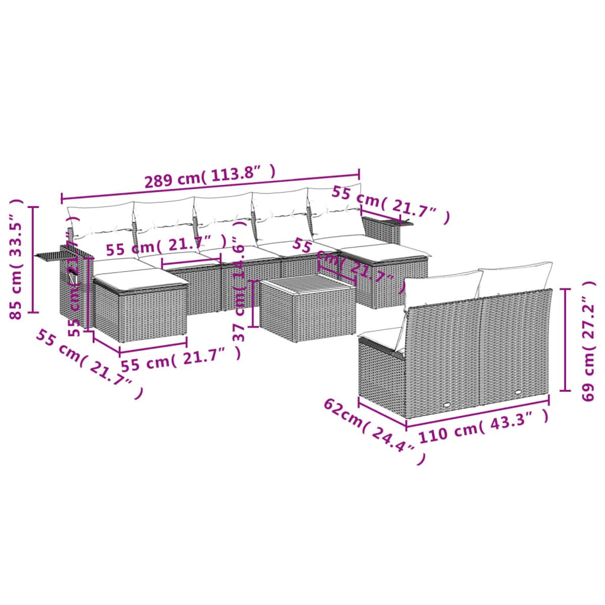 Diagramm eines Ecksofas für den Außenbereich mit Abmessungen. Es hat einen Sockel im Rattan-Stil und weiße Kissen.