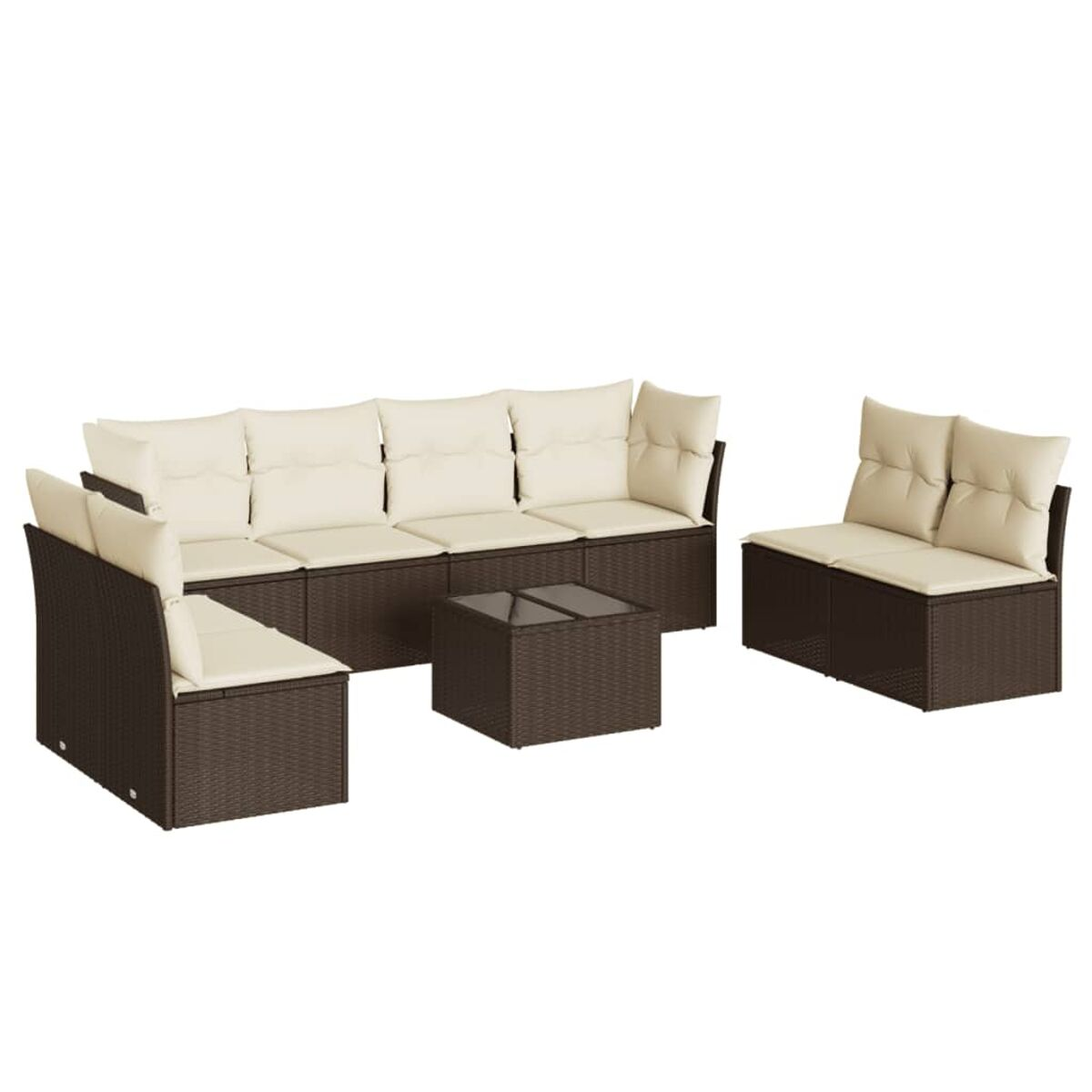 Set da esterno in vimini marrone con cuscini color crema e tavolo. Include divano e divanetto.