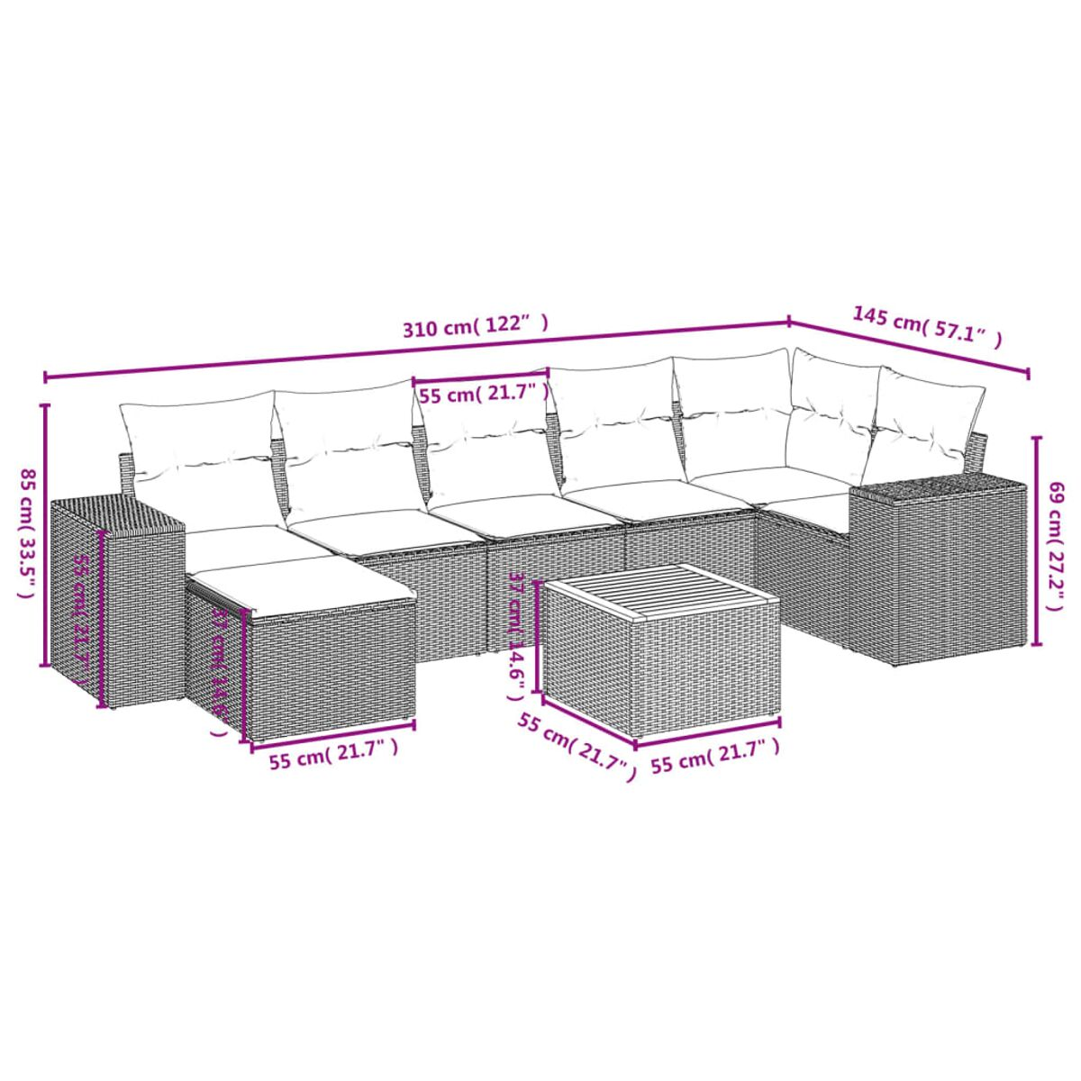 Diagramm eines großen grauen Outdoor-Ecksofas aus Korbgeflecht mit Kissen und einem Tisch.