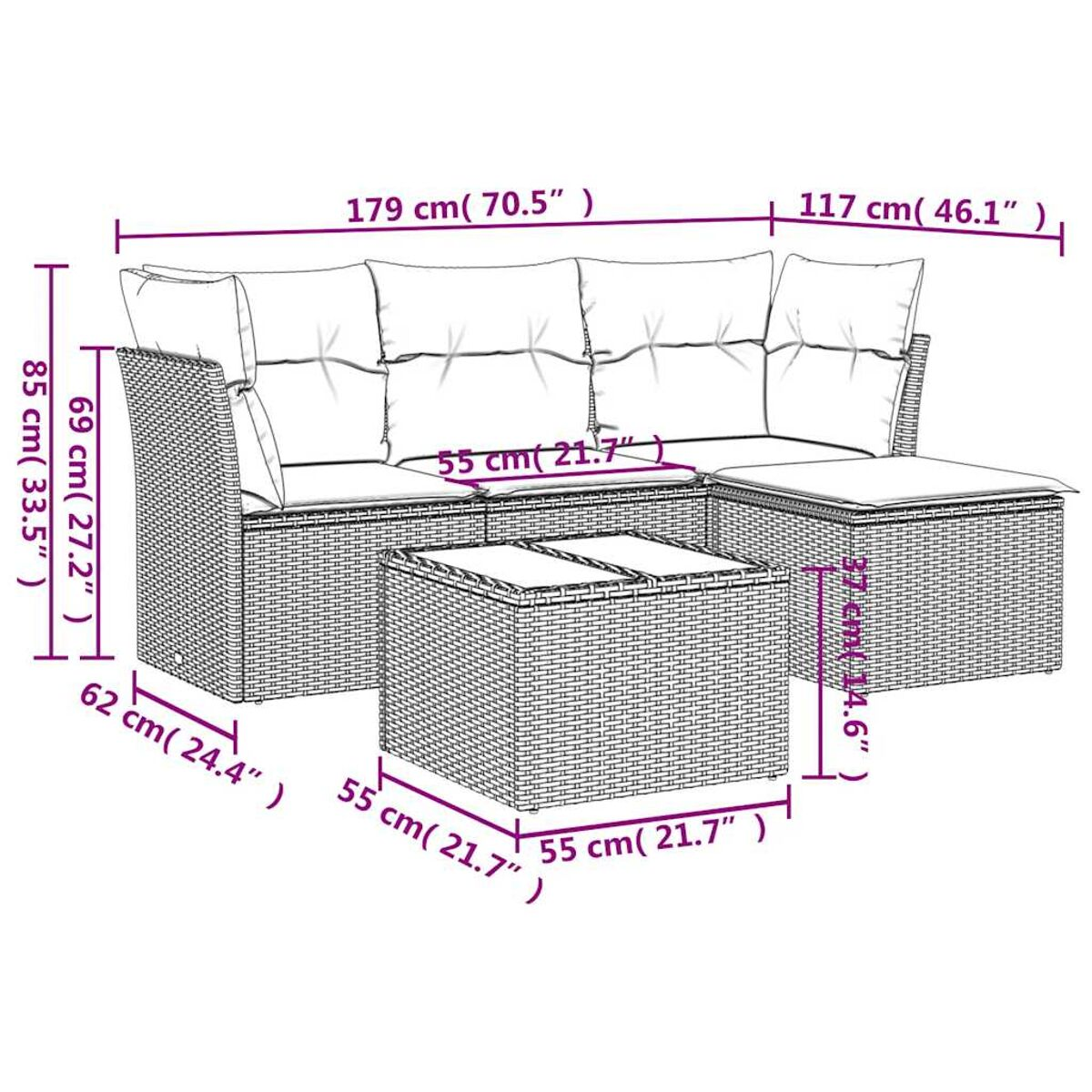 Geflochtenes Outdoor-Ecksofa mit Maßangaben.