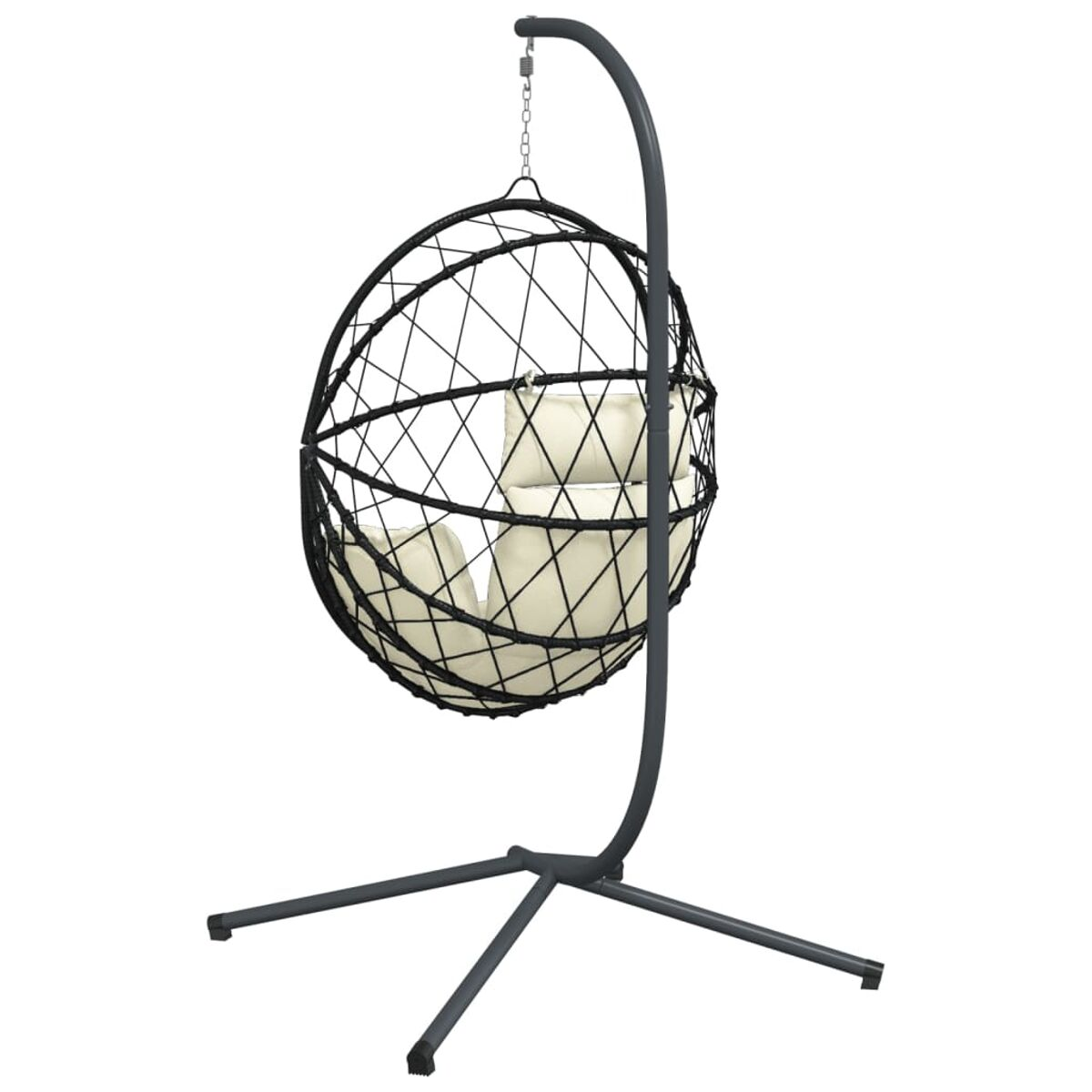 Hänge-Ei-Stuhl, schwarzer Rahmen, cremefarbene Kissen, an einem gebogenen Metallständer.