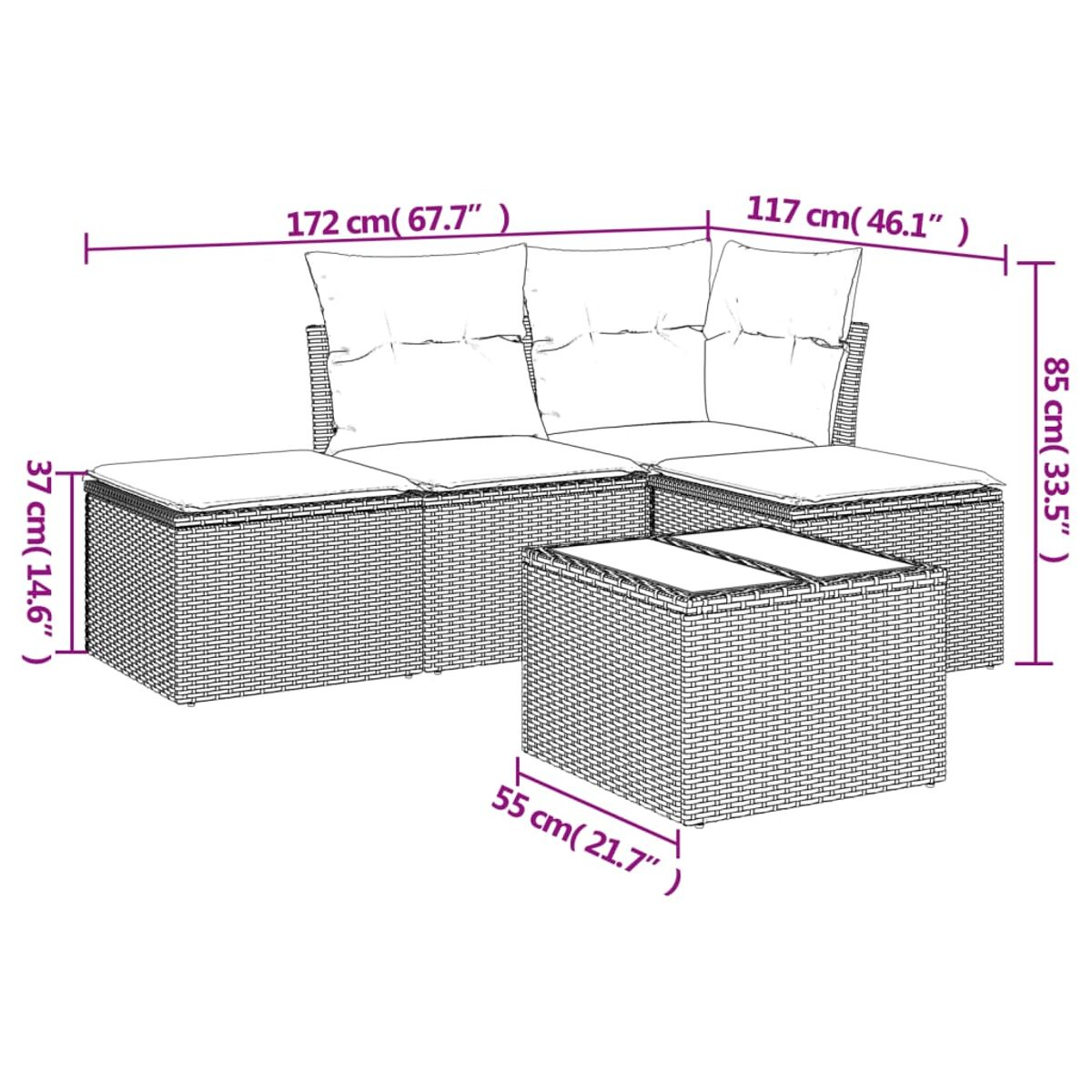 Geflochtenes Sofaset mit Maßen. Es beinhaltet ein Ecksofa und einen Tisch.