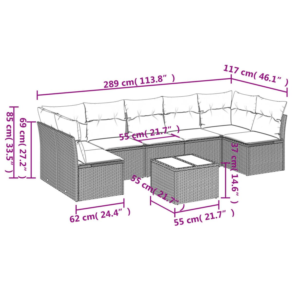 Ein schwarzes Outdoor-Sofa aus Korbgeflecht mit Abmessungen und Maßen.