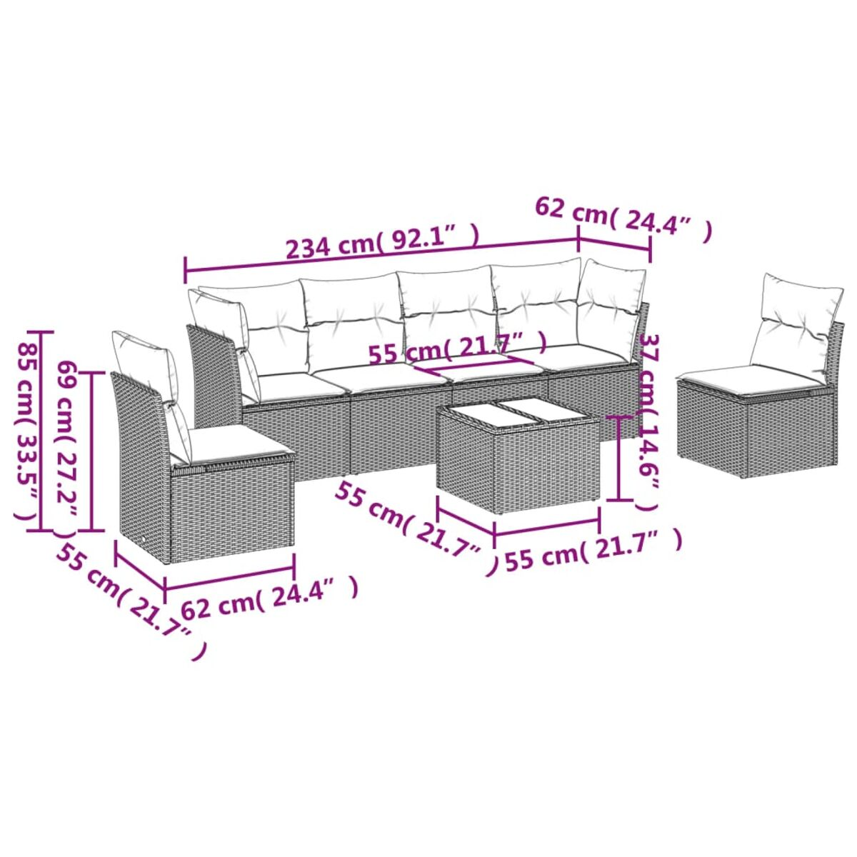 Gartenmöbel-Set mit Abmessungen. Enthält Sofa, zwei Stühle und einen Couchtisch. Weißer Hintergrund.