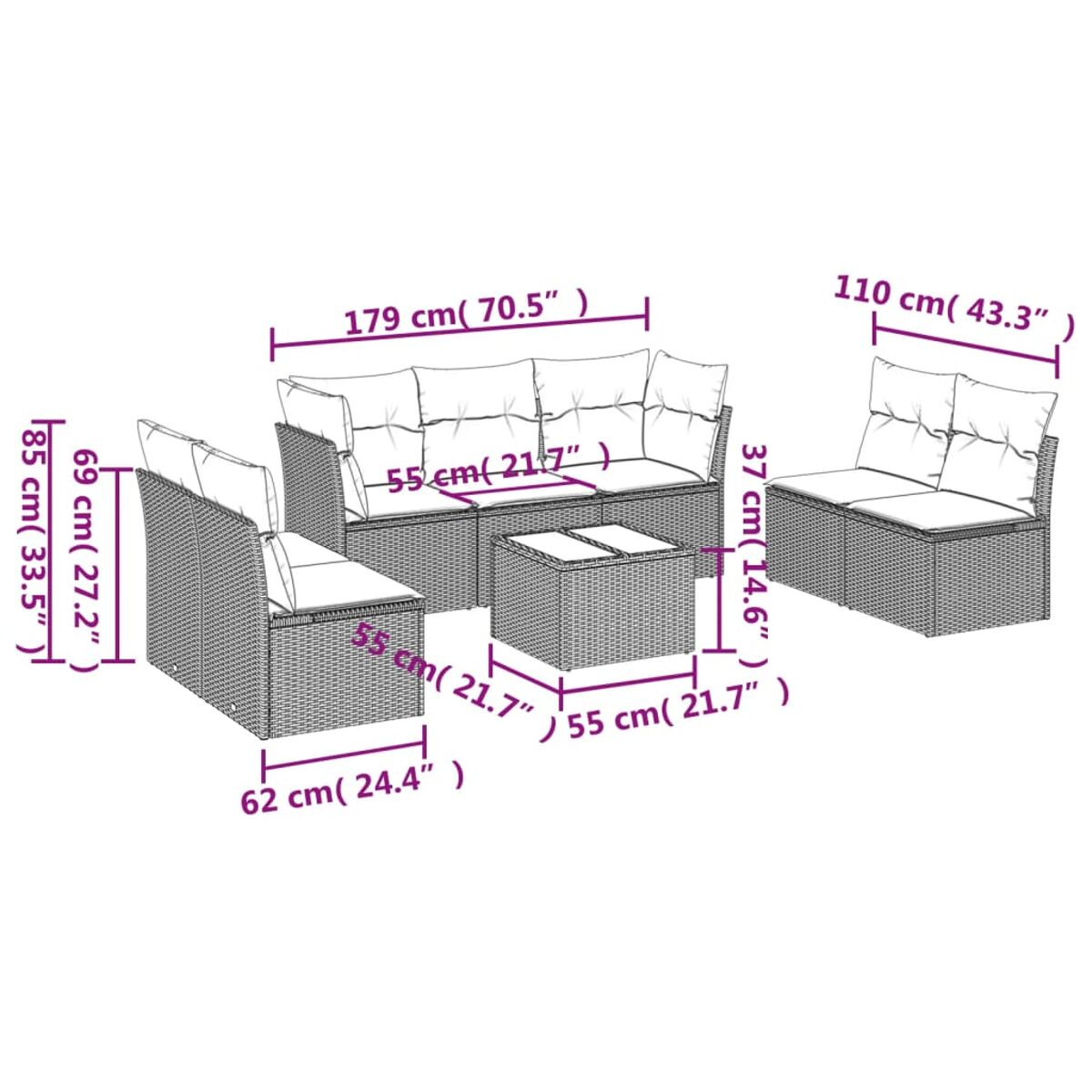 Ein geflochtenes Outdoor-Sofaset mit Kissen, Maße angegeben. Enthält ein Sofa, zwei Stühle und einen Tisch.