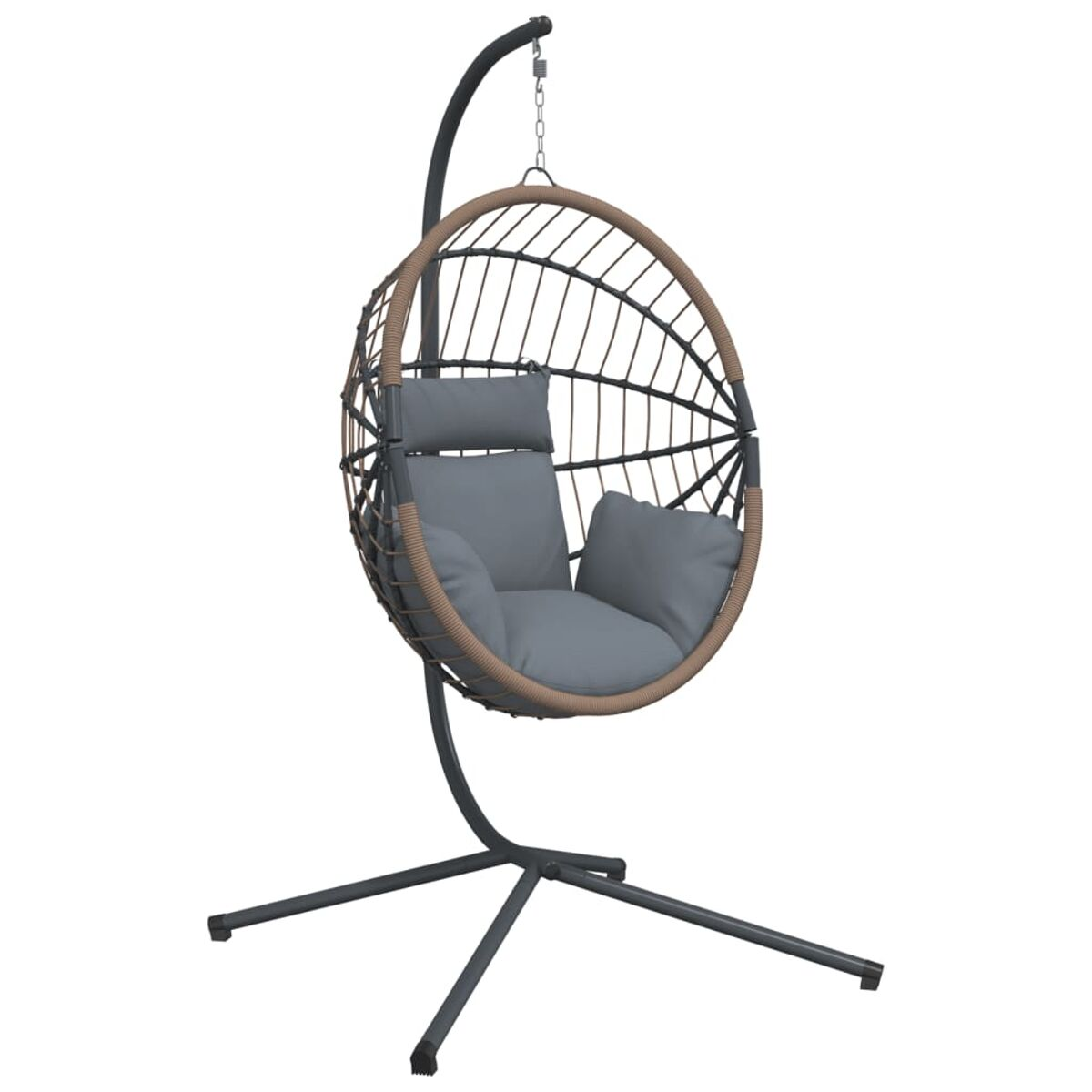 Sedia sospesa a forma di uovo con cuscino grigio su un supporto metallico. Isolato su bianco.
