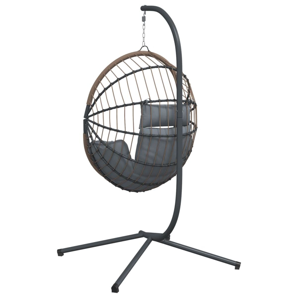Sedia a uovo sospesa, cuscino grigio, struttura e supporto marroni. Sfondo bianco.
