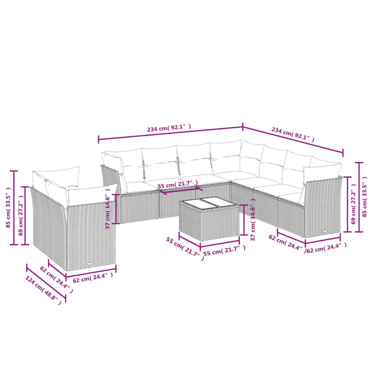 Un set di divani da esterno in vimini con dimensioni etichettate. Include un divano angolare, due sedie e un tavolo.