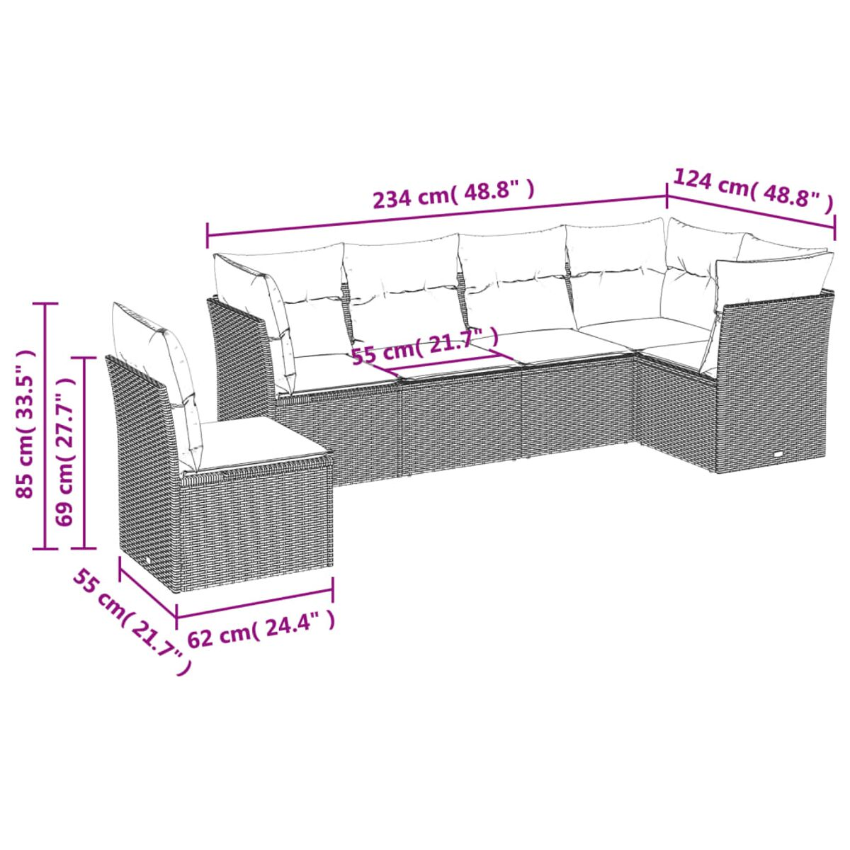 Diagramma di un divano componibile con dimensioni in centimetri e pollici. Mostra le misure del divano.