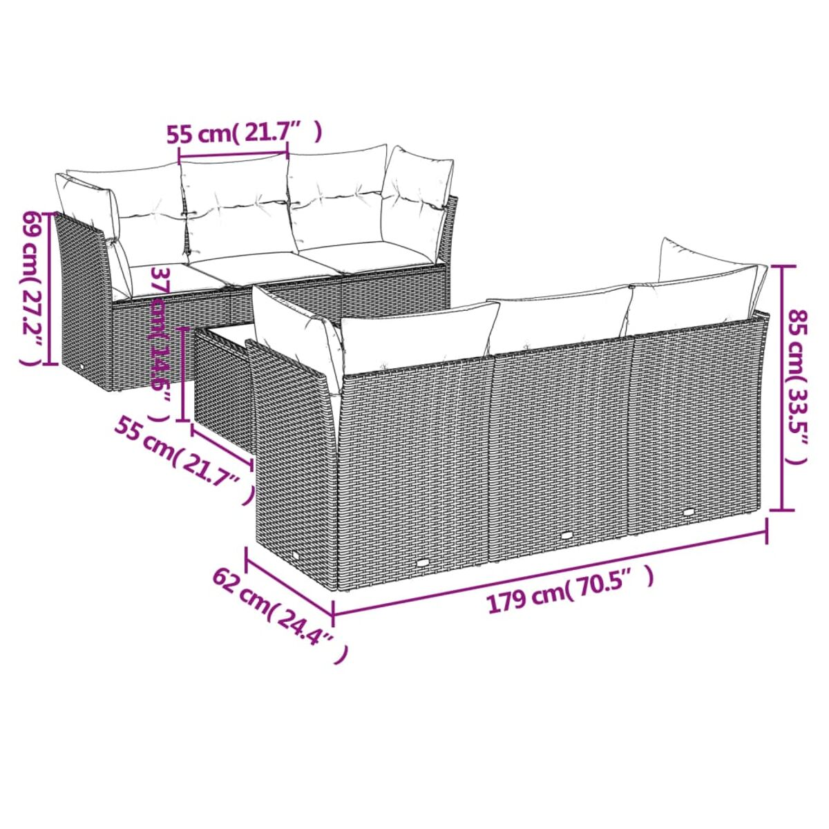 Diagramma di mobili da esterno. Include divano, sedie e tavolo, con dimensioni in centimetri.
