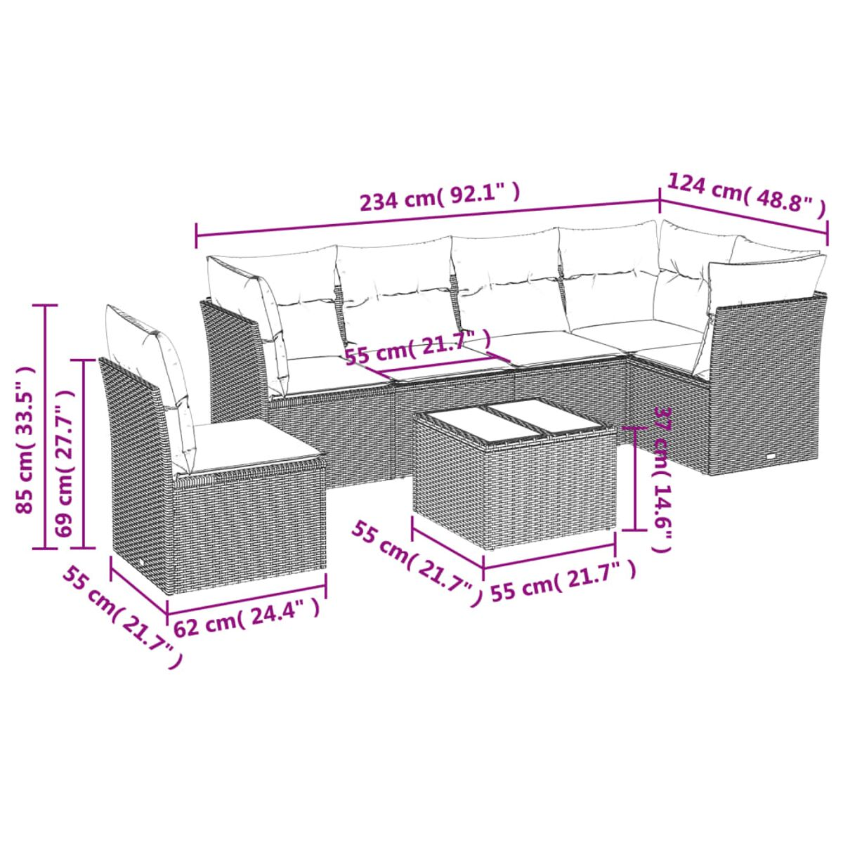 Fondo blanco con diagrama de dimensiones de sofá seccional y silla de exterior.