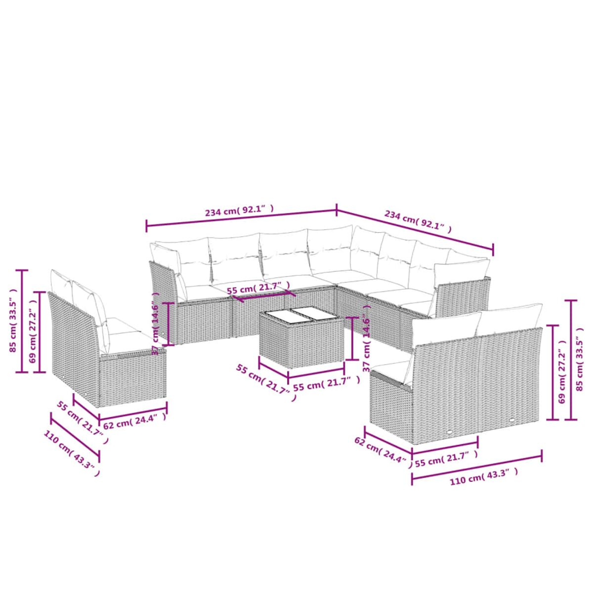 Set divano in rattan da esterno con dimensioni. Include un tavolo e diversi posti a sedere.