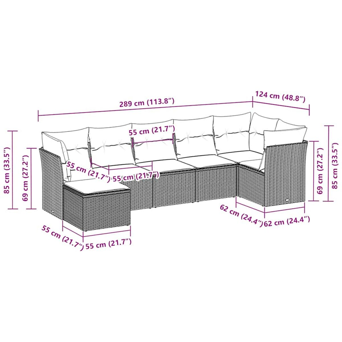 Diagramm eines Ecksofas. Maße sind in cm und Zoll angegeben.