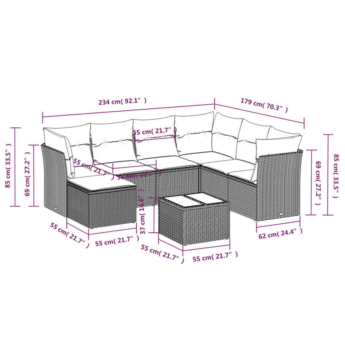 Diagramma di un divano componibile con dimensioni in cm e pollici.